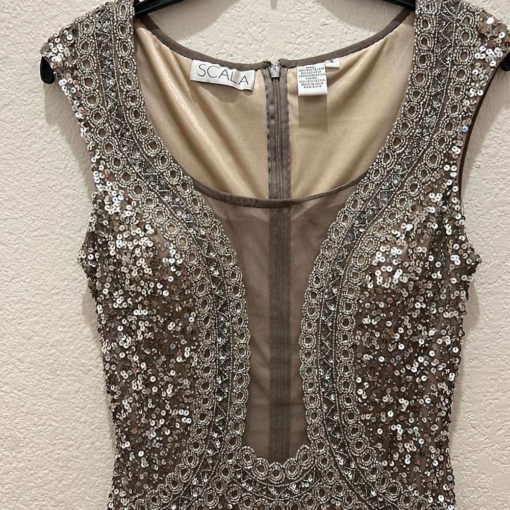 Scala Sequence Deep V Mesh Vintage Prom Dress - image 2